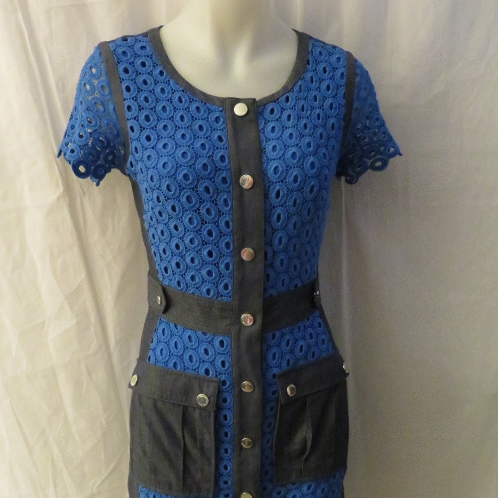 KAREN MILLEN GRAY,BLUE CROCHET BUTTON DOWN DRESS 6